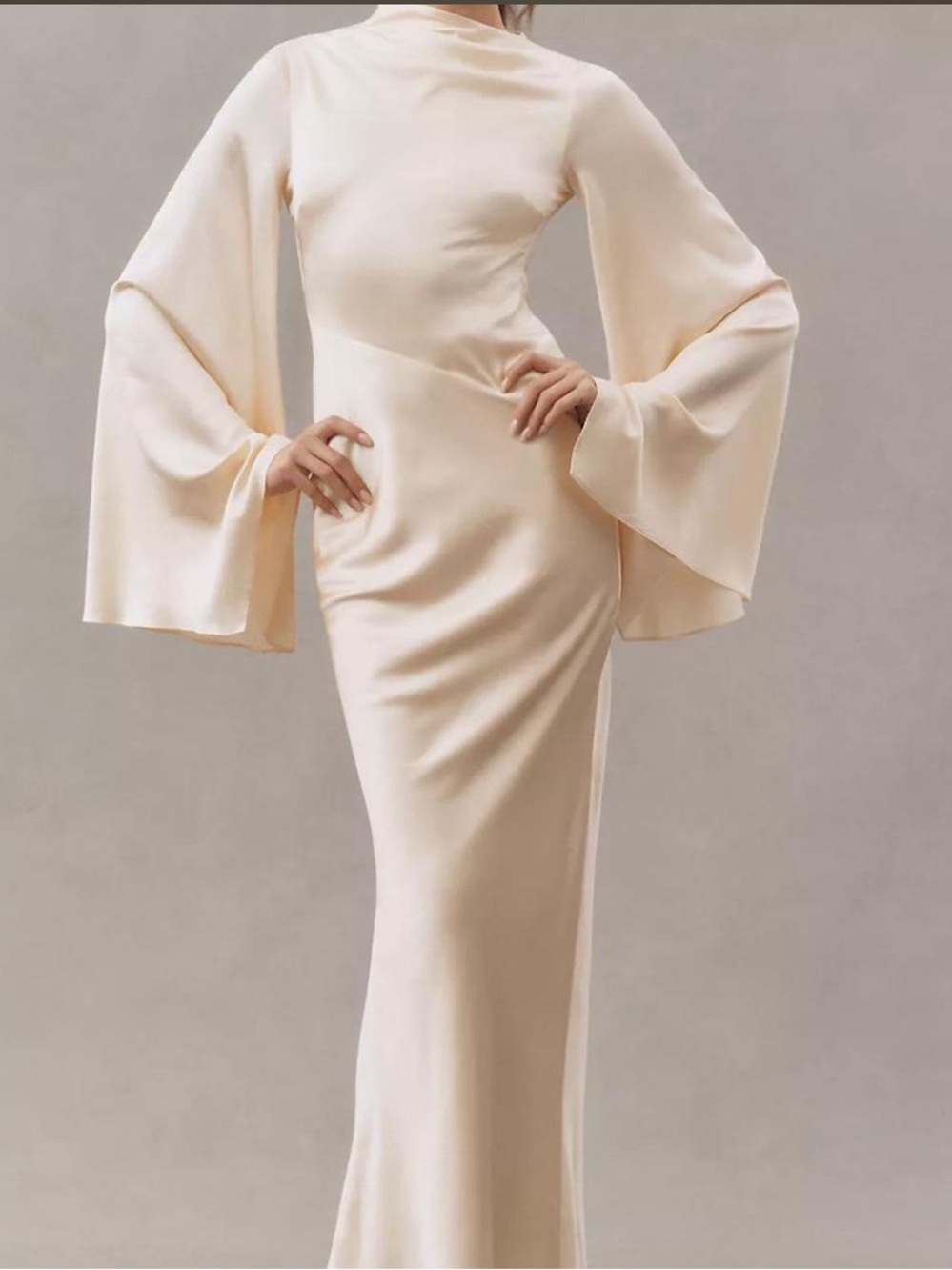 DE LA VALI Silk Cream Bell-Sleeve Maxi Wedding Dress $875 Size Small - Picture 1 of 5